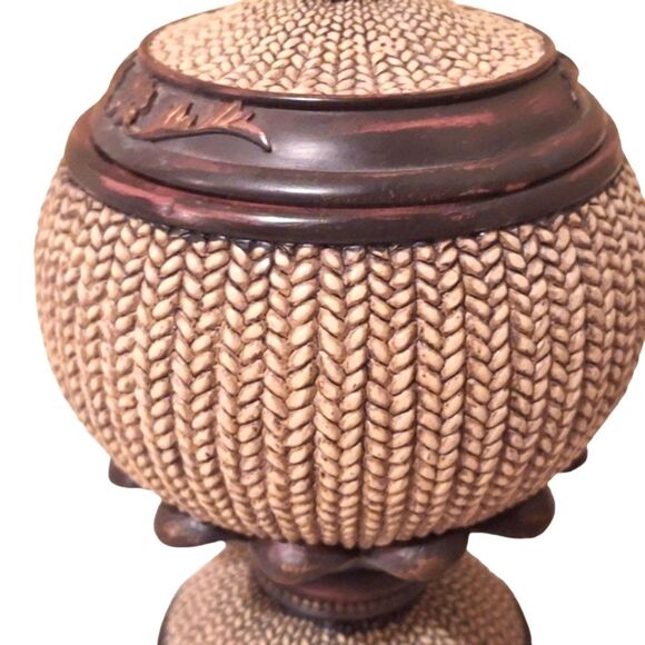 Ornate Lidded Jar Pedestal Spherical Finial Heavy Carved Woven Resin Urn Decor - Picture 7 of 16